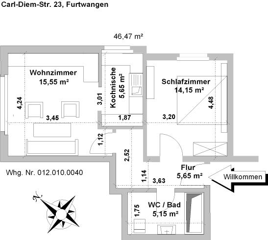 Etagenwohnung Furtwangen im Schwarzwald - 2 Zimmer, 46 m&sup2;, 620&euro; | Angebot:25216553
