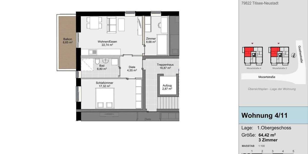 Etagenwohnung Titisee-Neustadt Neustadt - 3 Zimmer, 64 m&sup2;, 359.000&euro; | Angebot:25704892